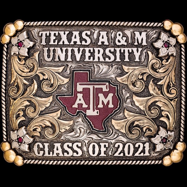 Introducing a graduation buckle with enduring style. Crafted with an antique finish, adorned with flowers, a rope edge, and prominent letters. Personalize it!